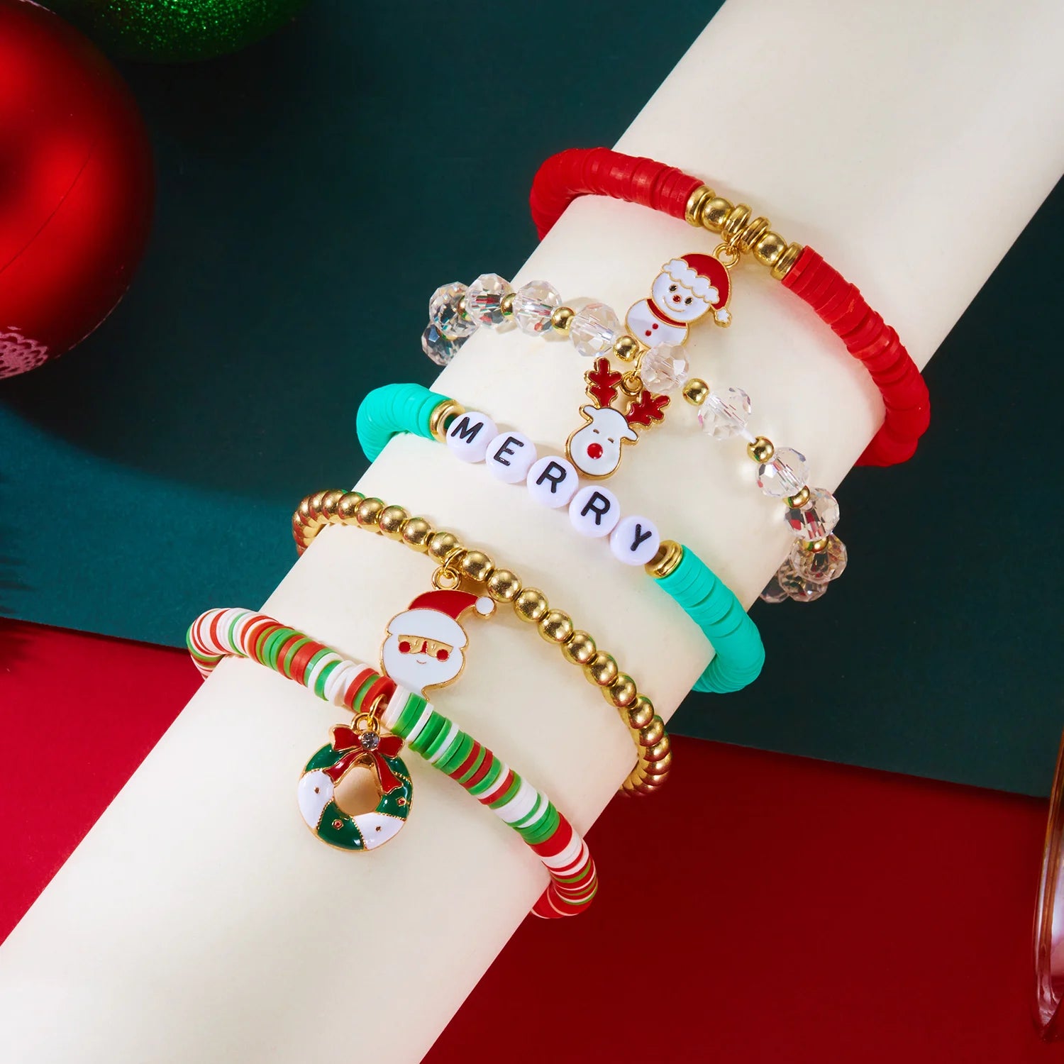 Christmas Series Bracelet Set For Women Santa Claus Snowman Xmas Tree Snowflake Crystal Beads Bracelets Party Charm Jewelry Gift