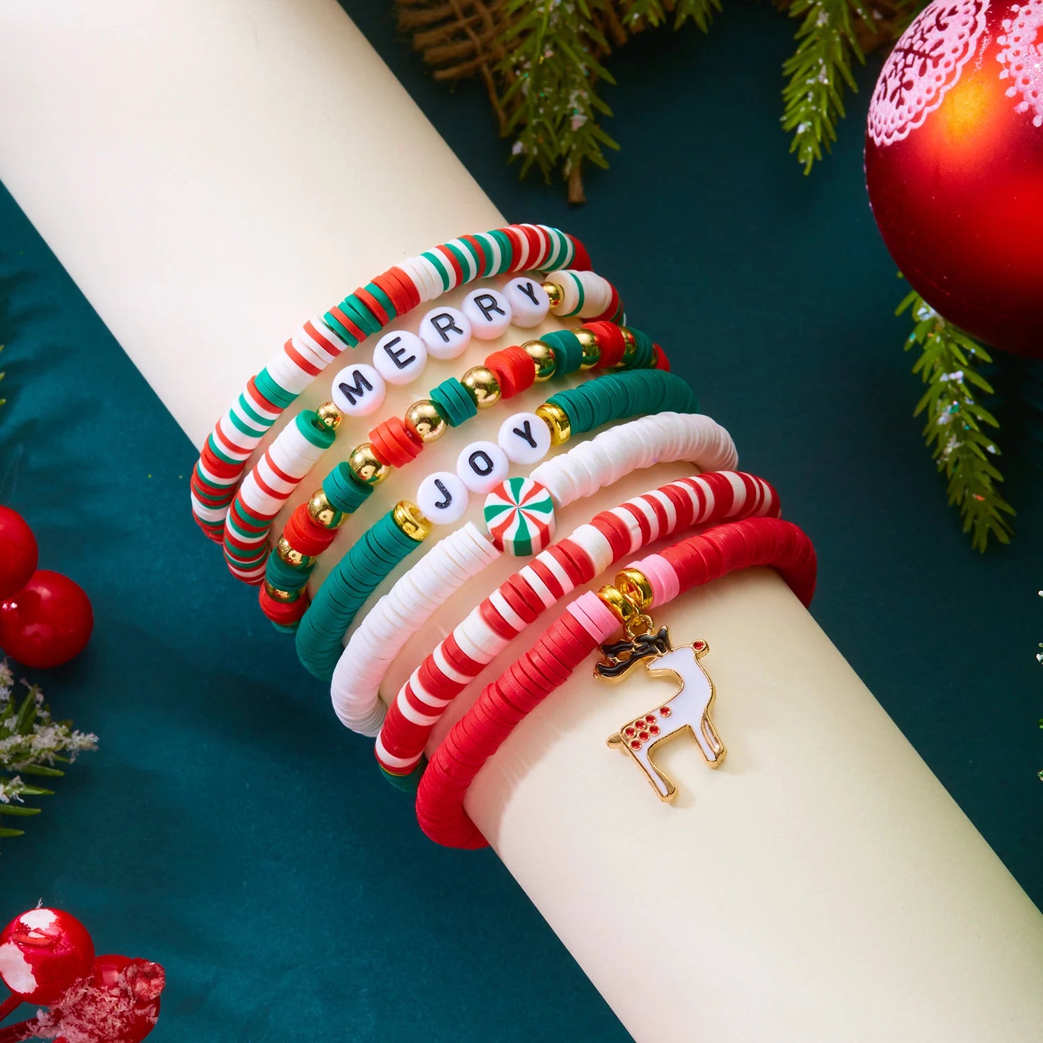 Christmas Series Bracelet Set For Women Santa Claus Snowman Xmas Tree Snowflake Crystal Beads Bracelets Party Charm Jewelry Gift