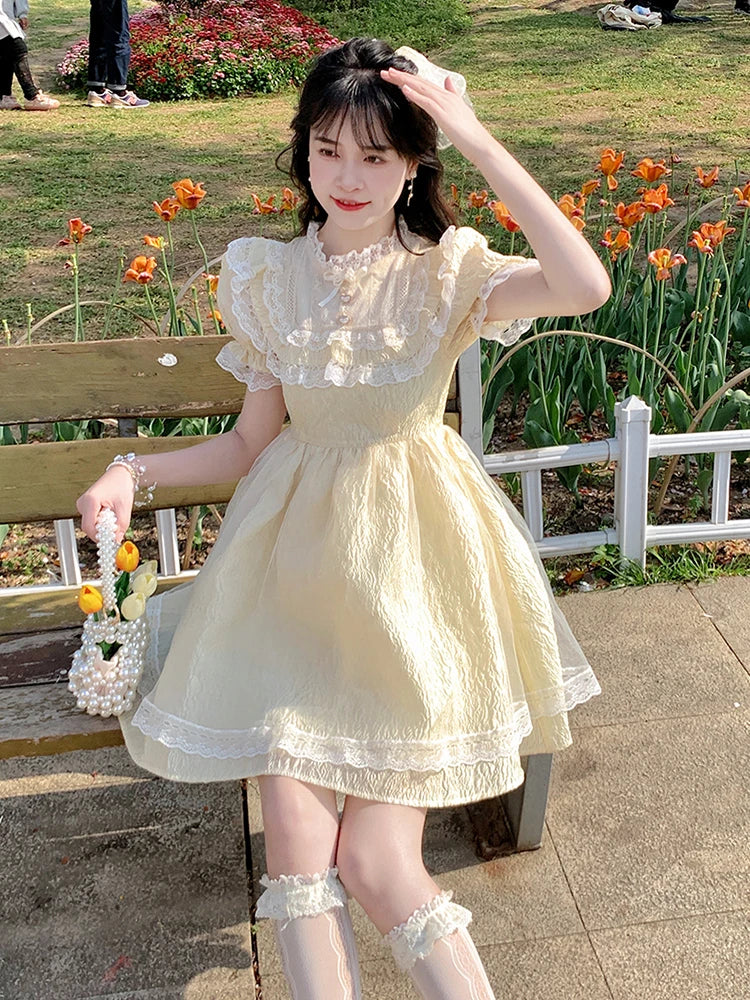 Summer Sweet Lolita Style Princess Dress Women Elegant Chic Puff Sleeve Lace Ruffles Kawaii Mini Dresses Korean Girly Vestidos