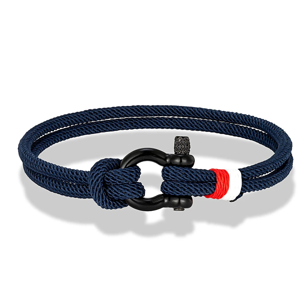 MKENDN Schwarzes Armband aus Edelstahl mit Hufeisenschnalle für Männer und Frauen, marineblaues Überlebensarmband aus geflochtenem Seil, Paarschmuck