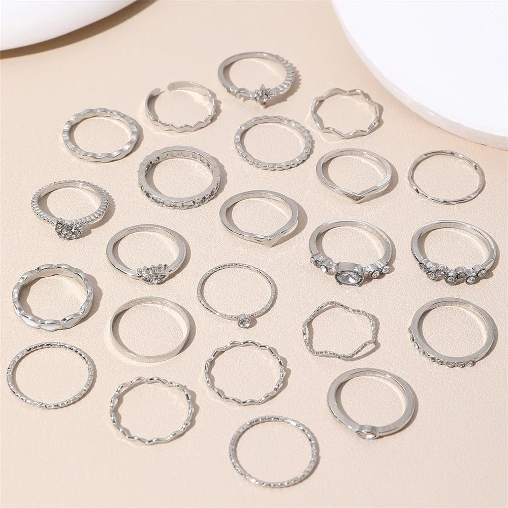 23Pcs Fashion Knuckle Rings Set For Women Crystal Star Moon Eye Wave Gold Silver Color Rings Female Trendy Party Jewelry Gift