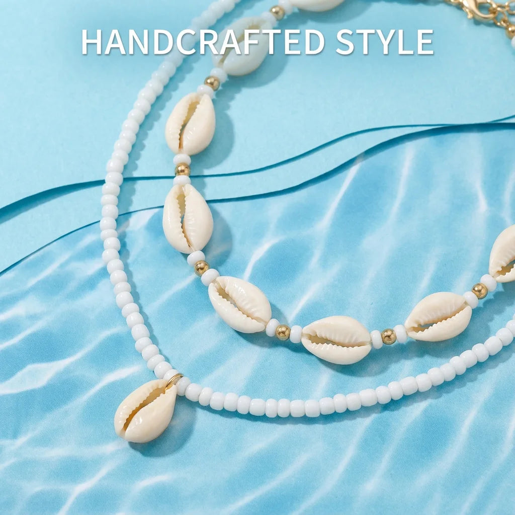 Bohemian Double Layer Seashell Necklaces For Women Handmade White Rice Beads Shell Short Collar Choker Beach Party Neck Jewelry