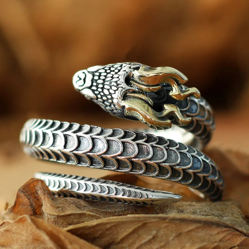 Buyee 925 Sterling Silber Einzigartiger großer Ring Ausgezeichnete gehörnte Schlange Offener Ringfinger für Mann Frau Rock Punk Edler Schmuck Kreis