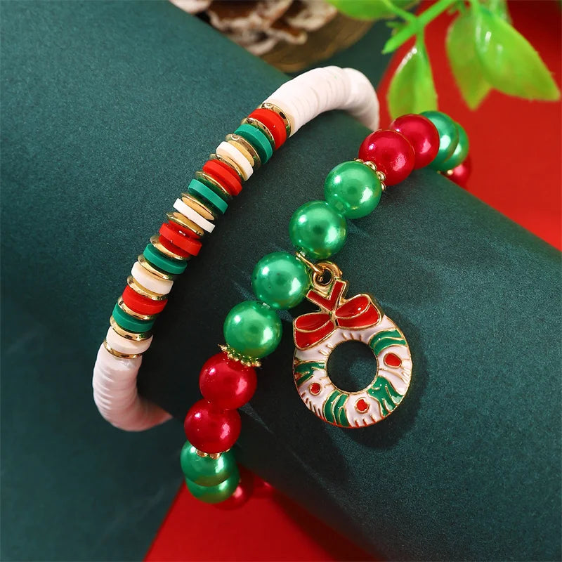 2-5 pcs Cute Christmas Series Bracelet Set For Women Men Santa Claus Snowman Snowflake Pendant Beads Bracelets Party Jewelry