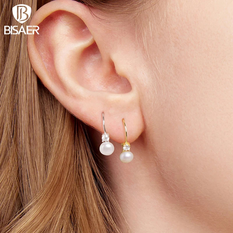 BISAER Moissanite Freshwater Pearl Earrings Soli 925 Sterling Silver for Women Round Cut Lab Diamond Wedding Party Fine Jewelry