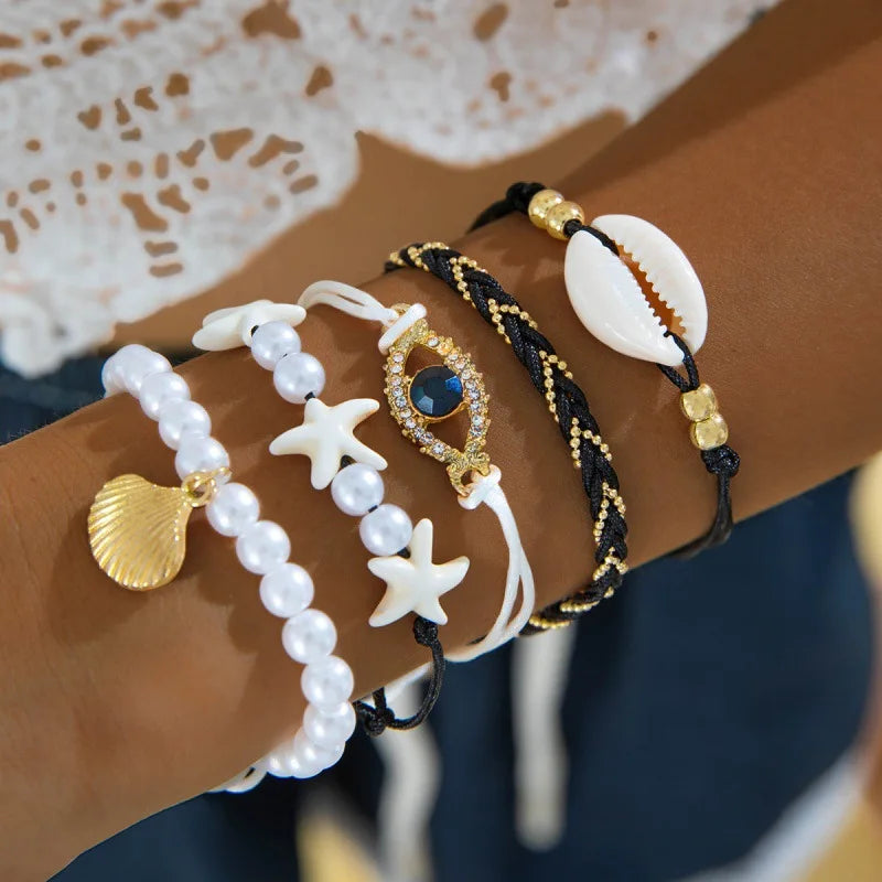 5Pcs Bohemia Shell Starfish Bracelet Set For Women Imitation Pearl Evil Eye Multilayer Beaded Bangles Sand Beach Party Jewelry