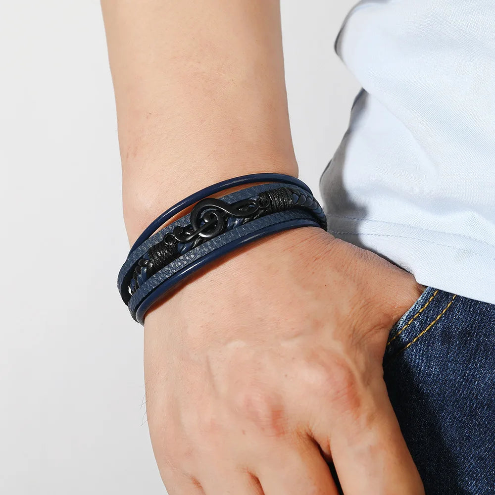 Bracelet en cuir pour homme avec symboles musicaux, style vintage et créatif. Bracelet simple multicouche en cuir.