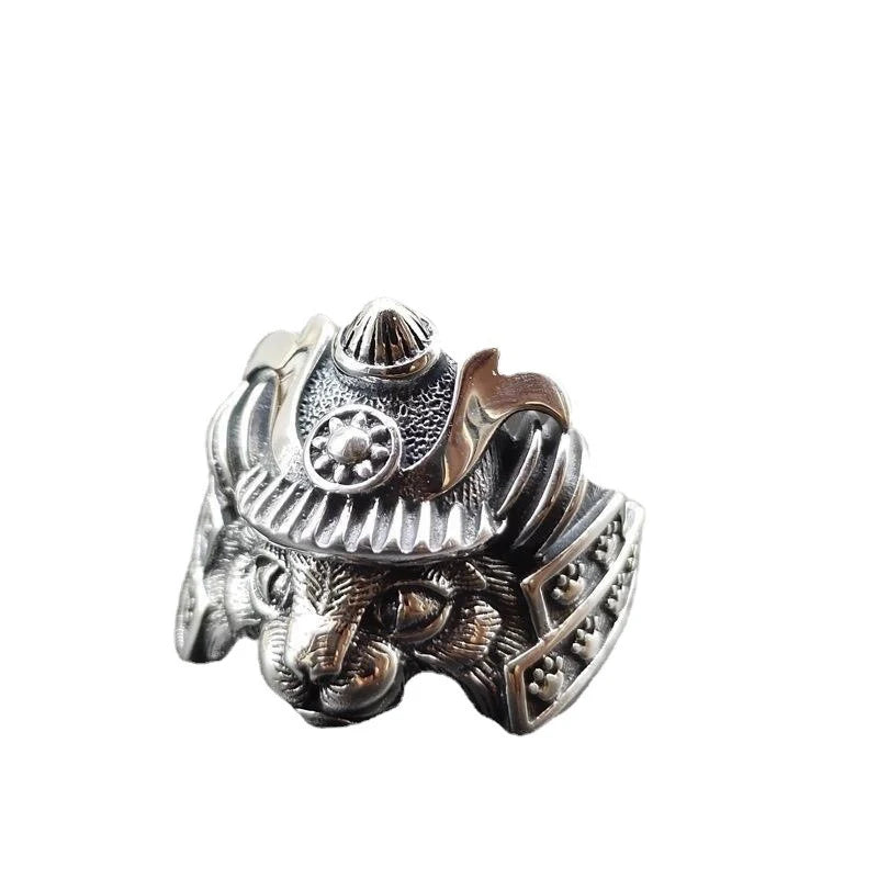 Retro Samurai Cat Ring For Men Silver Color Punk Gothic Adjustable Open Ring Handmade Hiphop Unisex Jewelry Accessories Gift