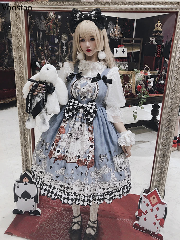 Vintage Gothic Lolita Style Slip Dress Women Harajuku Y2k Sleeveless Dark Bunny Print Party Dresses Girly Kawaii Bow Vestidos