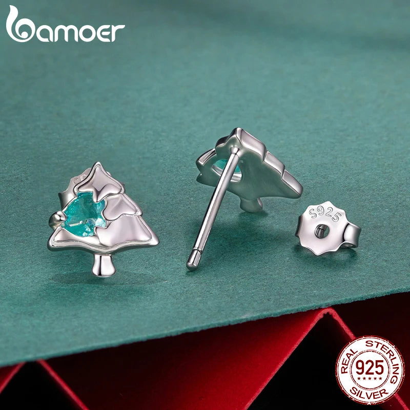 BAMOER 925 Sterling Silver Christmas Tree Stud Earrings, Plated White Gold Green Heart CZ Piercing Earrings for Girls Xmas Gift