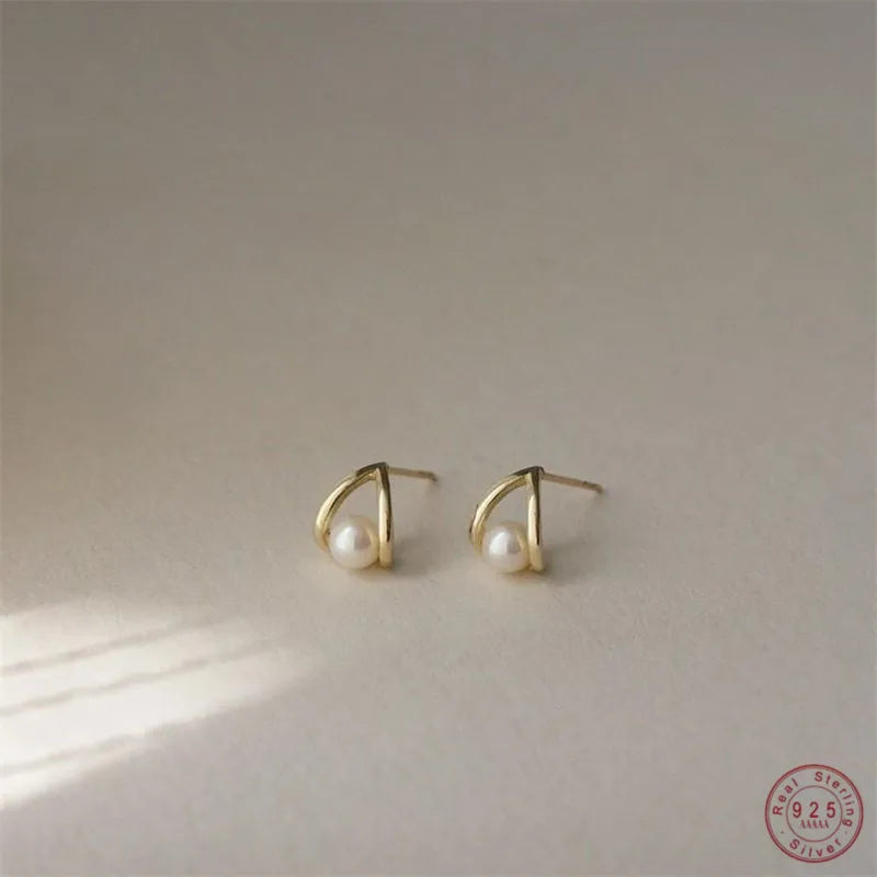 Simple Temperament INS Pearl Geometric Stud Earrings for Women 925 Sterling Silver 14k Gold Plated Jewelry Gift