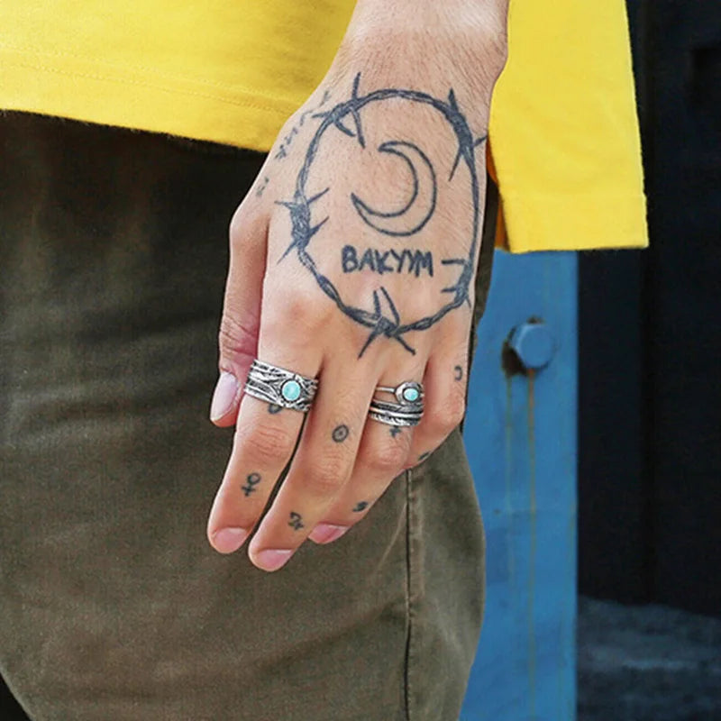 Retro Green Stone Feather Ring For Men Silver Color Punk Gothic Open Ring Handmade Designer Jewelry Unisex Accessories Love Gift