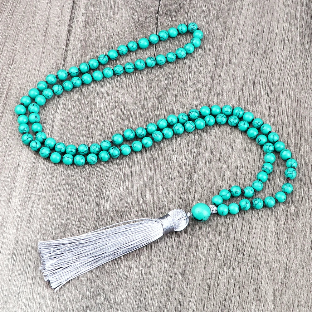 108 Mala Beaded Tassel Necklace Tiger Eyes Turquesa Meditation Yoga Jewelry Women Malachite Bohemian Ethnic Amazonite Necklace