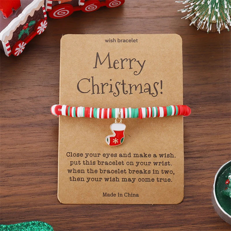 Christmas Bracelet For Women Santa Claus Christmas Tree Snowman Pendant Polymer Clay Bracelets Party Friendship Wish Card Gifts
