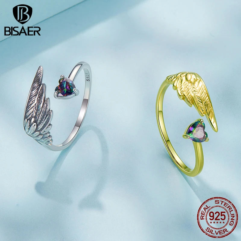 BISAER 925 Sterling Silver Wing Open Ring Heart Zircon Statement Band Adjustable 18K Gold-Plated for Women Party Fine Jewelry