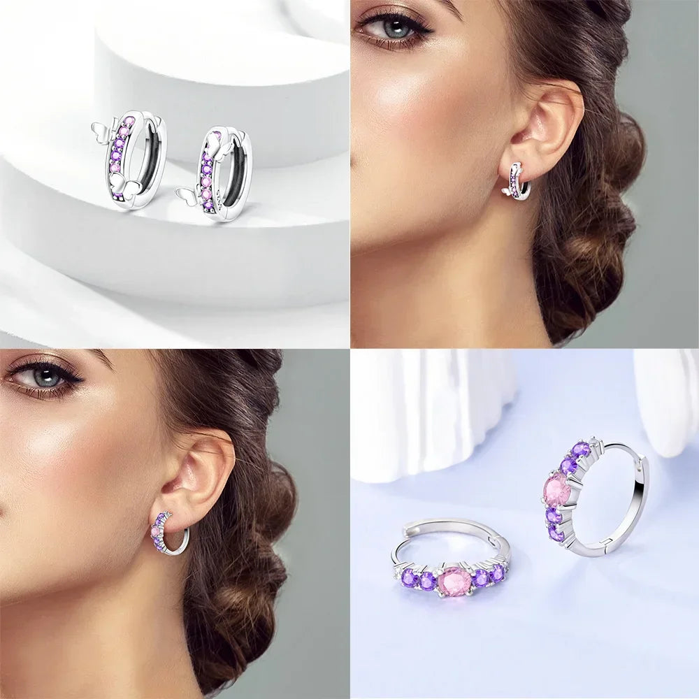 925 Sterling Silver Earrings Women Jewelry Butterfly Flower Pink Flowers Zircon Hoop Ear Studs Sparkling Earring Wedding Gift