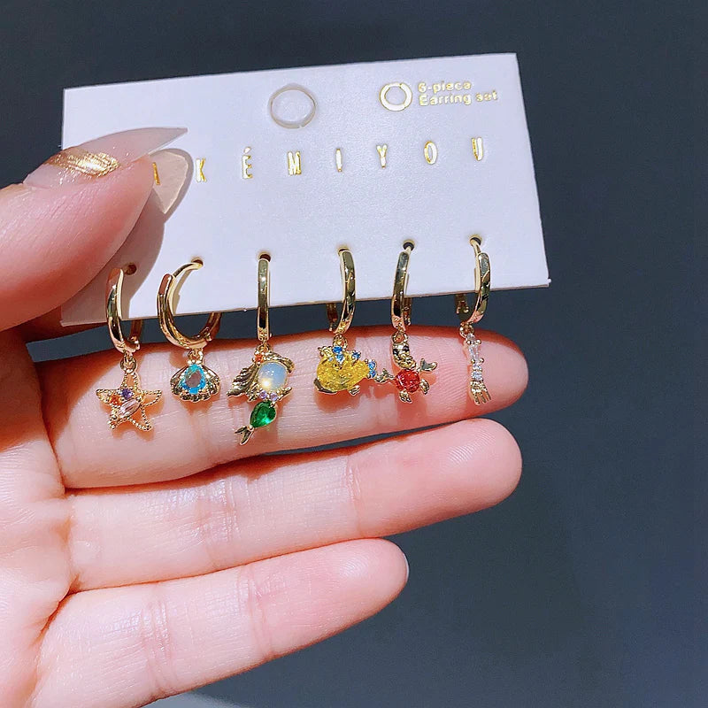 Ensemble de boucles d'oreilles créoles sirène en cristal coloré pour femmes, bijoux Huggie couleur or, nouvelle collection