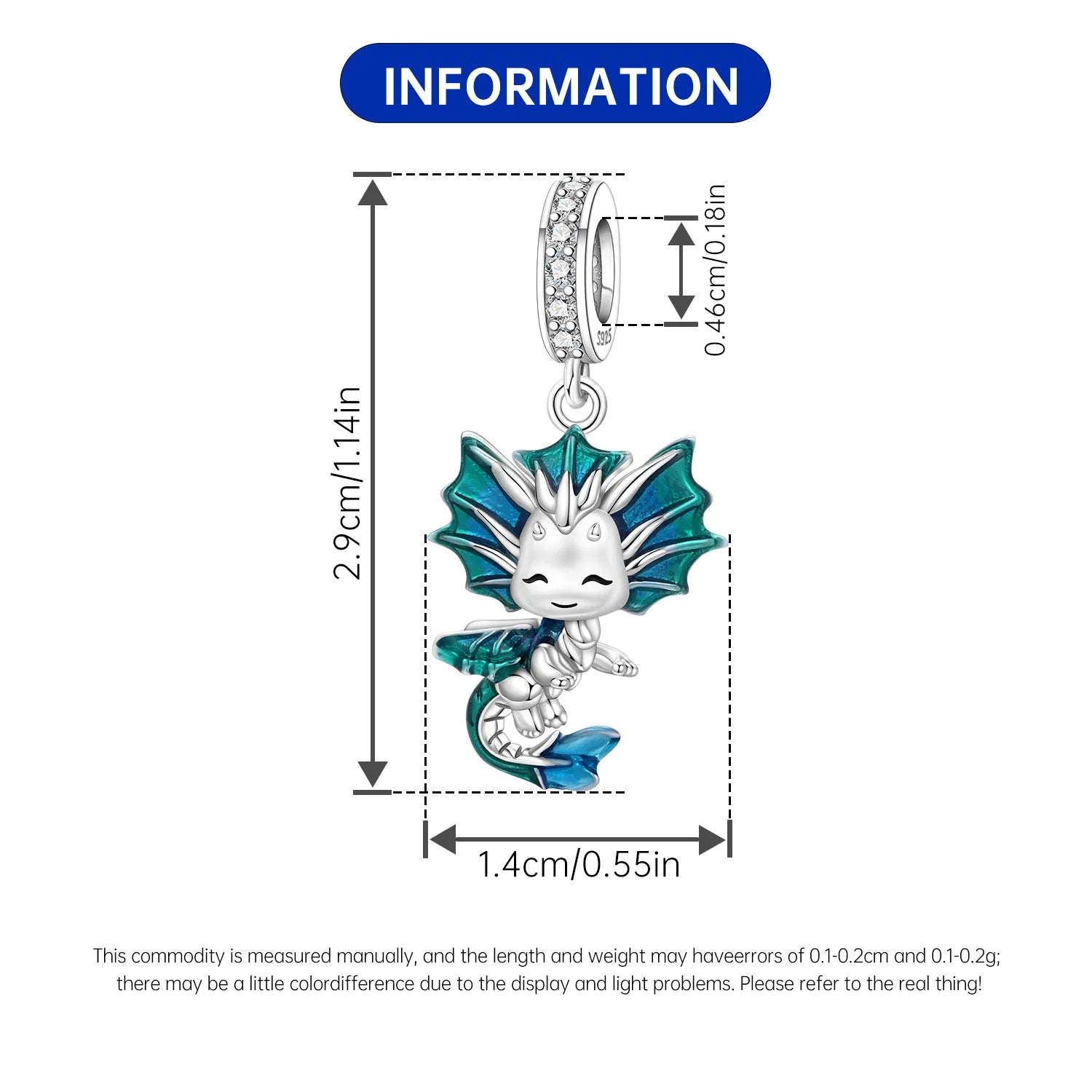 PANPOKI 925 Sterling Silver Blue Little Dragon Animal Beads Original Pendants Bracelet Charm Jewelry Party DIY Trendy Gifts