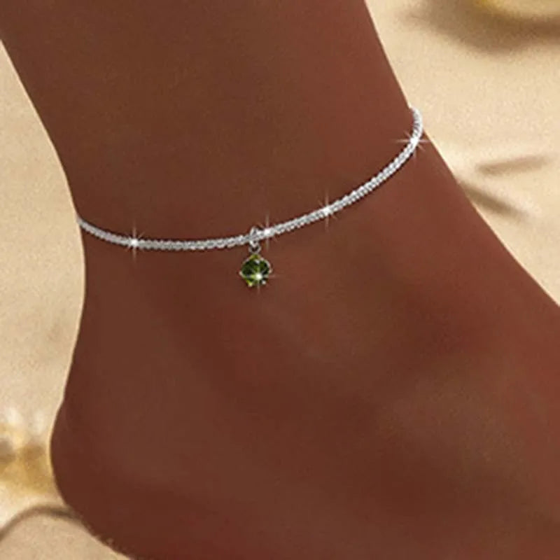 Silver Color Double Layer Shiny Chains Anklets For Women Heart Cross Geometric Pendant Foot Leg Barefoot Bracelet Charm Jewelry