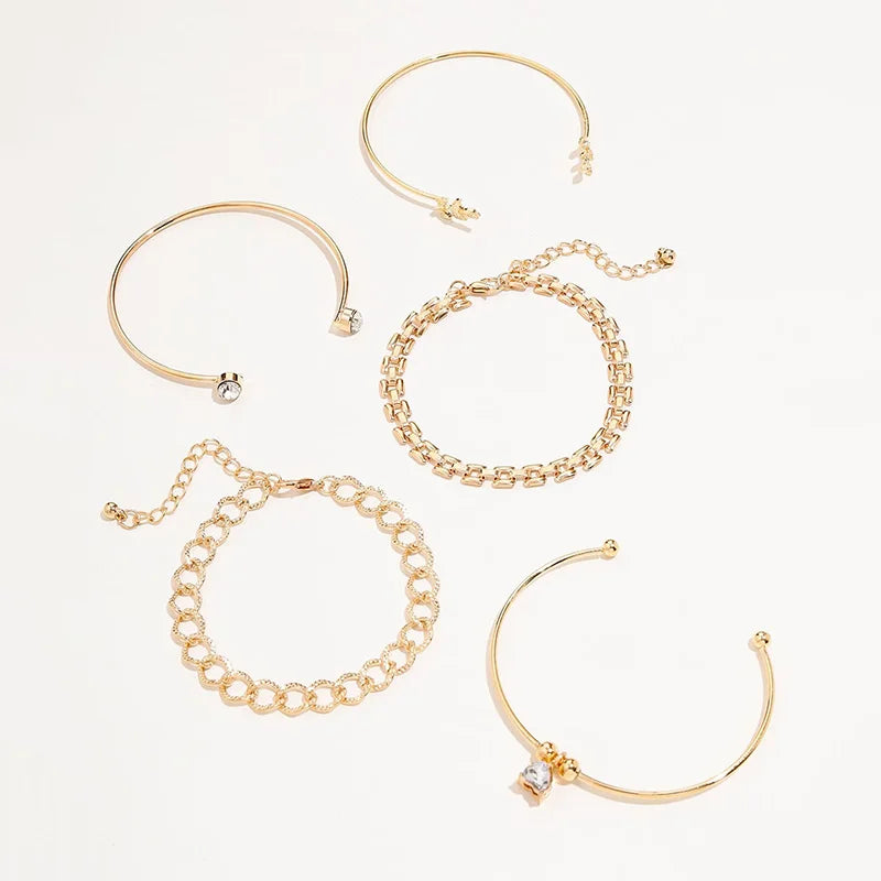 Trendy Geometric Link Chain Bracelet Set For Women Rhinestones Gold Color Leaves Heart Pendant Open Cuff Bangle Girls Jewelry - Madeinsea©