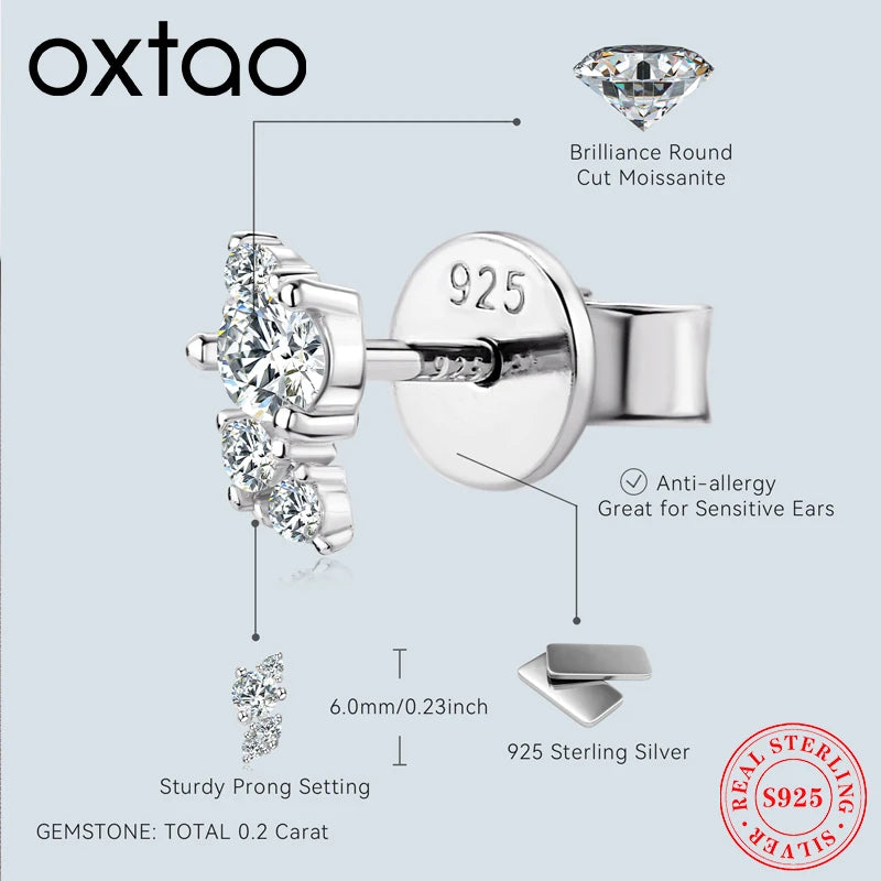 OXTAO Mini Studs Piercing Earrings Ladies Real 925 Silver Full D Color Moissanite Earrings Sparkling Lab Diamond Fine Jewellry