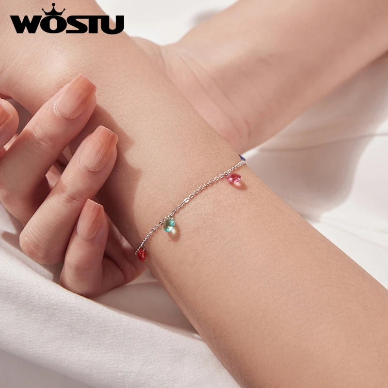 Bracelet WOSTU en argent sterling 925 véritable avec pampilles en cristal coloré et chaîne ajustable. Bijou idéal pour les fêtes, à offrir aux filles et à toute la famille.