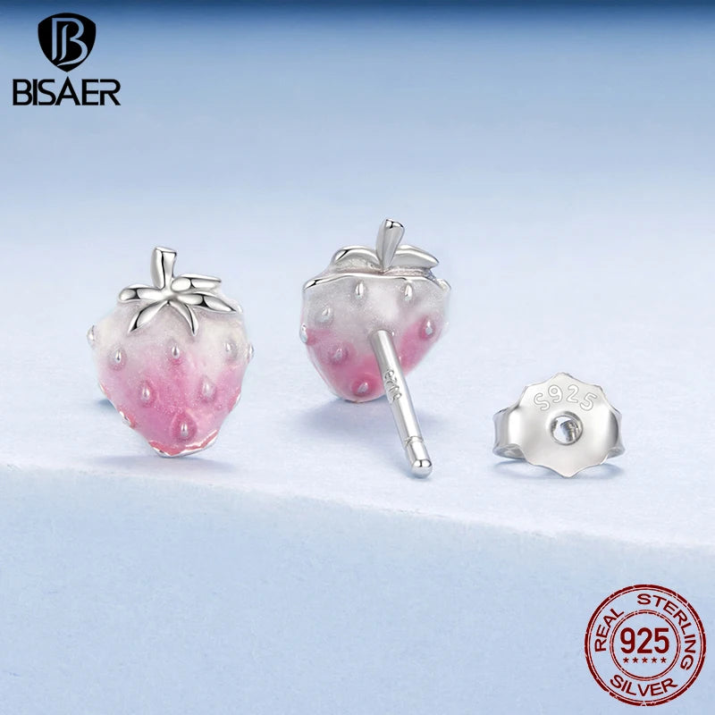 BISAER 925 Sterling Silver Strawberry Stud Earrings Gradient Pink Enamel Stud Ear Plated White Gold for Women Party Fine Jewelry