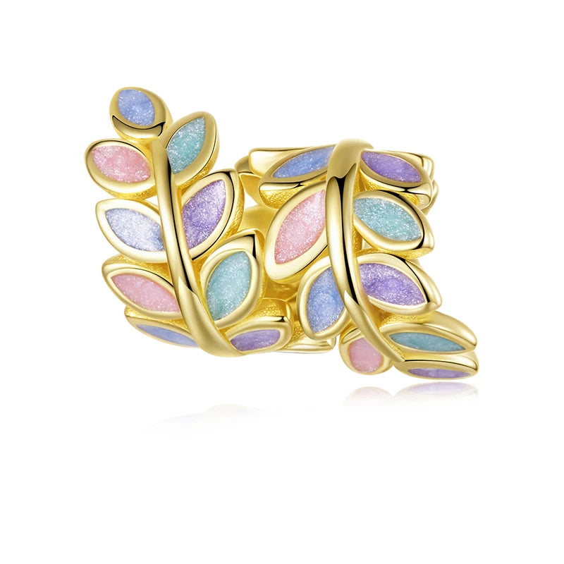 WOSTU 925 Sterling Silver Tow Tone DIY Bee Pendant Lucky Four-Leaf Clover Charm Colorful Leaves Bead Fit Original Bracelet Neck