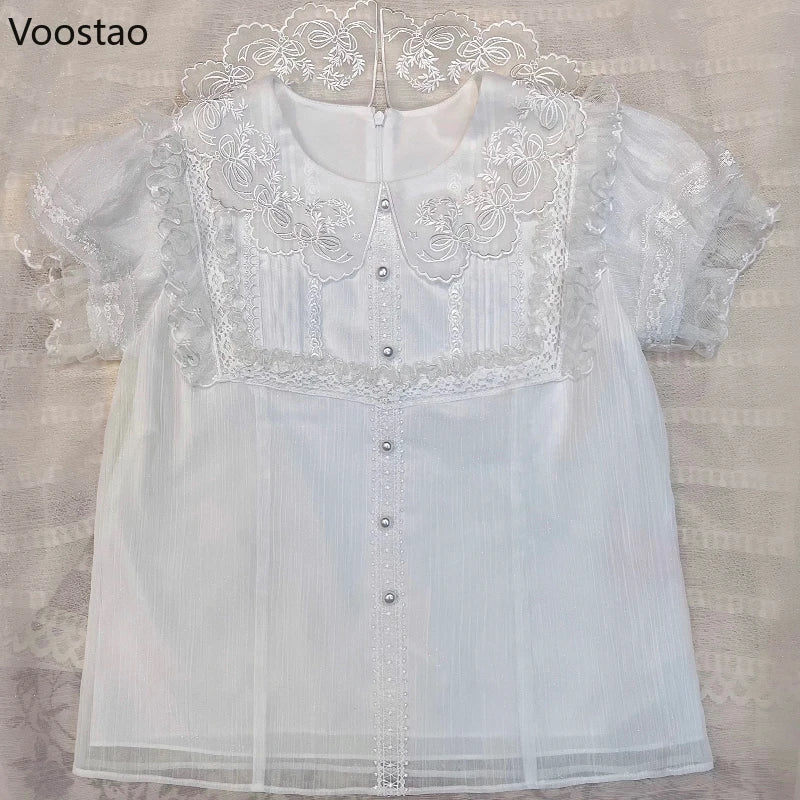 Victorian Vintage Lolita Shirt Japanese Women Elegant Sweet Lace Ruffle Embroidery Long Sleeve Blouse Y2k Aesthetic Clothes Tops - Madeinsea©