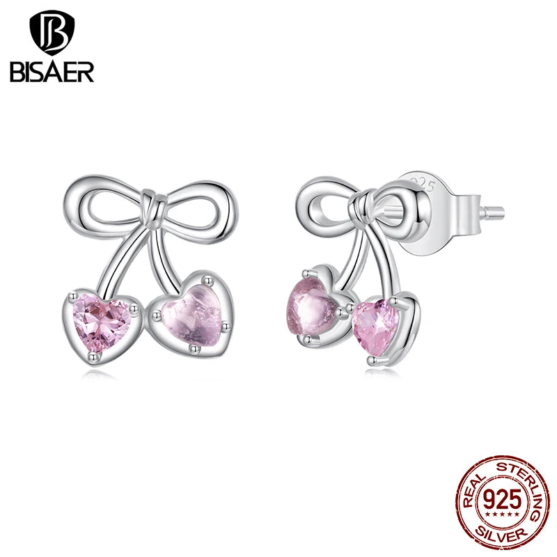 BISAER 925 Sterling Silver Pink Cherry Stud Earrings, Heart CZ Stud Ear for Romantic Women Girls Party Fine Jewelry ECE1952