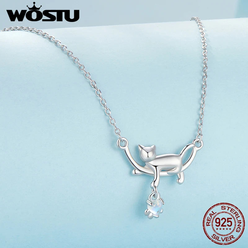 WOSTU 925 Sterling Silver Lovely Cat Necklace for Women Heart Rainbow Moonstone Cats Pet Pendant Necklace Girl Daughter Gift