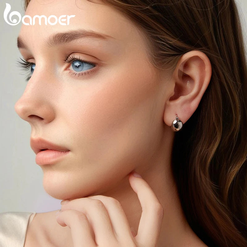 BAMOER White Gold Plated Post Glossy Ball Hoop Earrings, High Polished Chunky Hollow Sphere for Women 925 Sterling Silver Gift