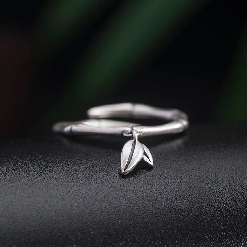 MKENDN Vintage Unique 925 Sterling Silver Bamboo Leaf Ring For Men and Women Gothic Street Rock Punk Jewelry