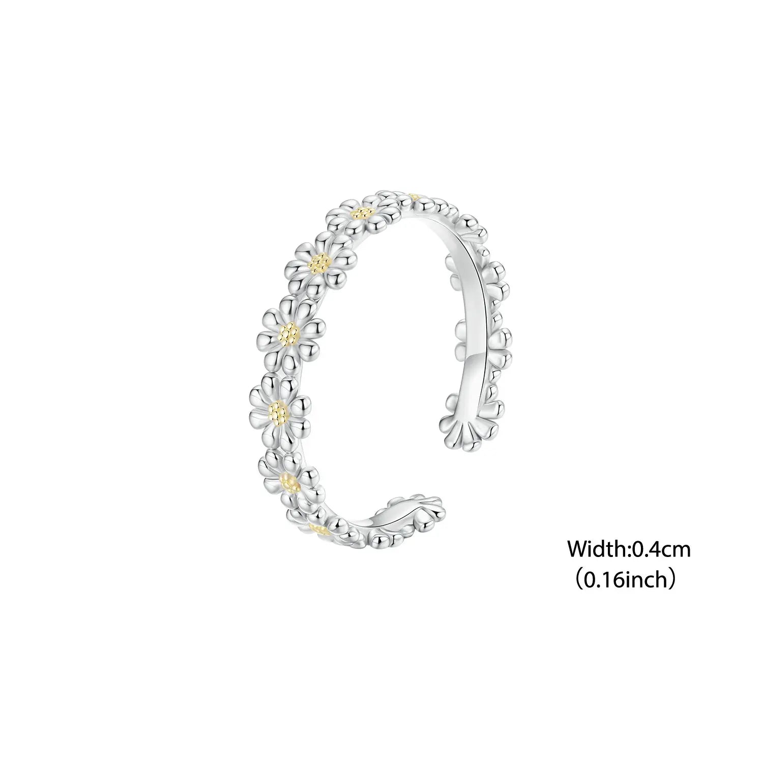 BISAER 925 Sterling Silver Daisy Open Ring Fresh Flower Statement Band Adjustable Plated White Gold for Women Party Fine Jewelry