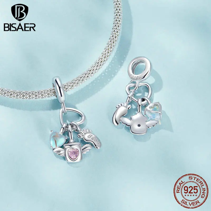 BISAER 925 Sterling Silver Baby Bottle Set Charm Bead Peigne Couverts Cute Pet Kit Pendentif de vacances Fit Femmes DIY Bracelet Bijoux