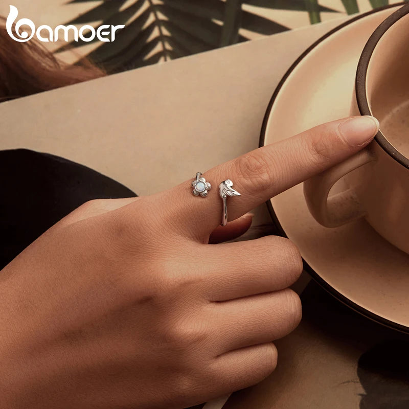 BAMOER 925 Sterling Silver Flower Bird Open Ring for Women, Cute Animal Jewelry Gift Fashion Birthday Graduation Gift BSR658-E