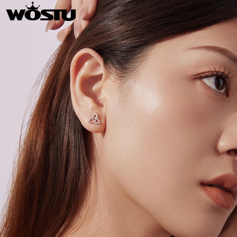 WOSTU Solid 925 Sterling Silver Clover Wedding Stud Earrings, Unique Shamrock Silver Earrings with CZ Jewelry Gift for Her