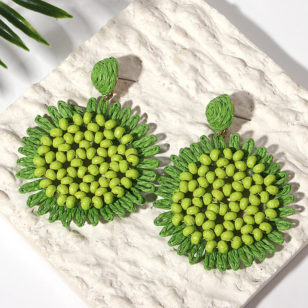 AENSOA Bohemian Raffia Wood Beaded Flower Drop Earrings for Women Handmade Rattan Knit Floral Earrings Summer Beach Jewelry