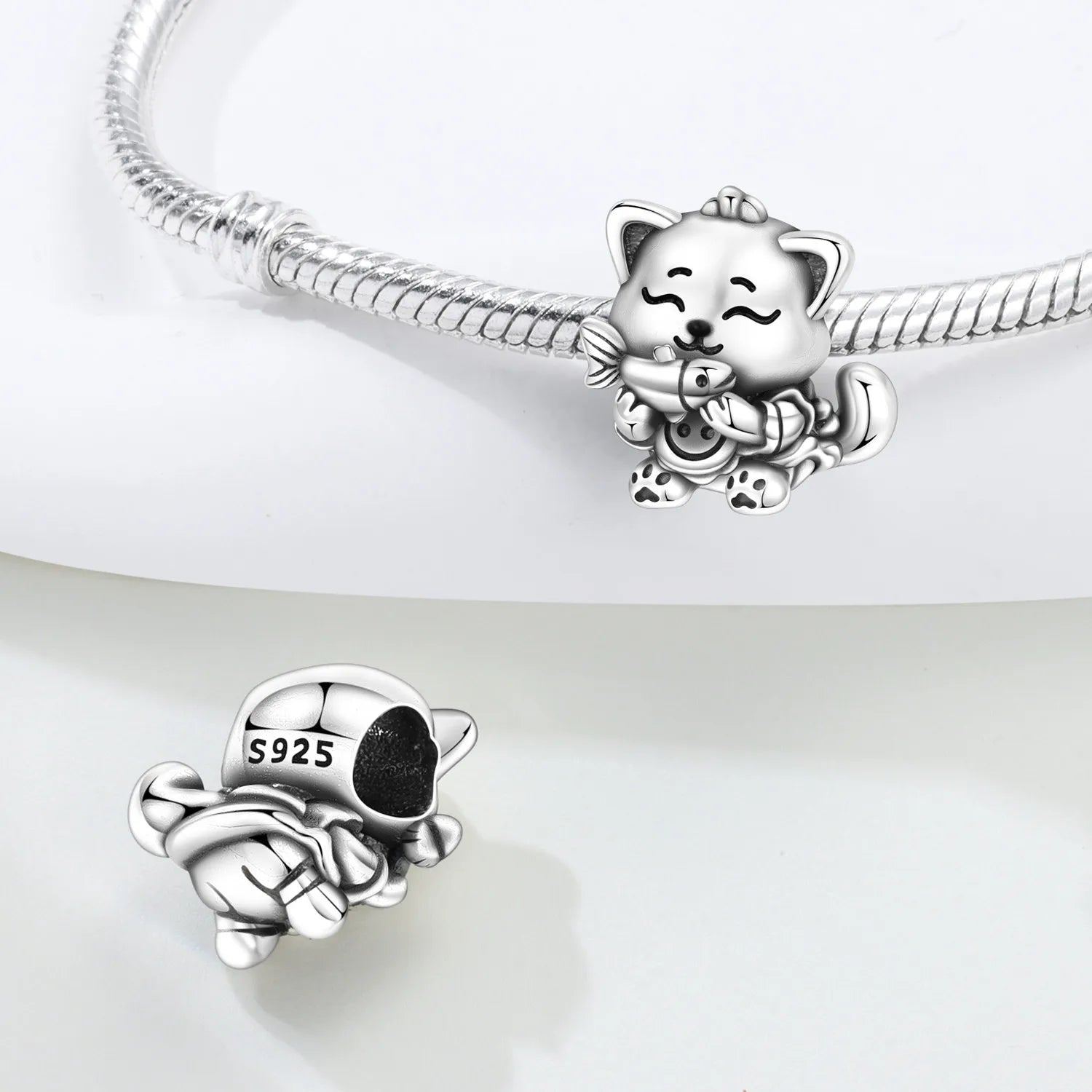 PANPOKI 925 Sterling Silver Fish Eating Cats Animals Pet Beads Original Pendants Bracelet Charm Jewelry Party DIY Trendy Gifts
