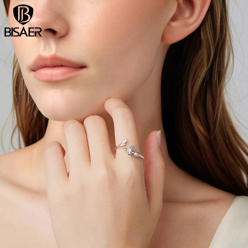 BISAER 925 Sterling Silver Bird Open Ring Animal Band Adjustable Size 5-8 for Women Party Original Design Fine Jewelry EFR714-E