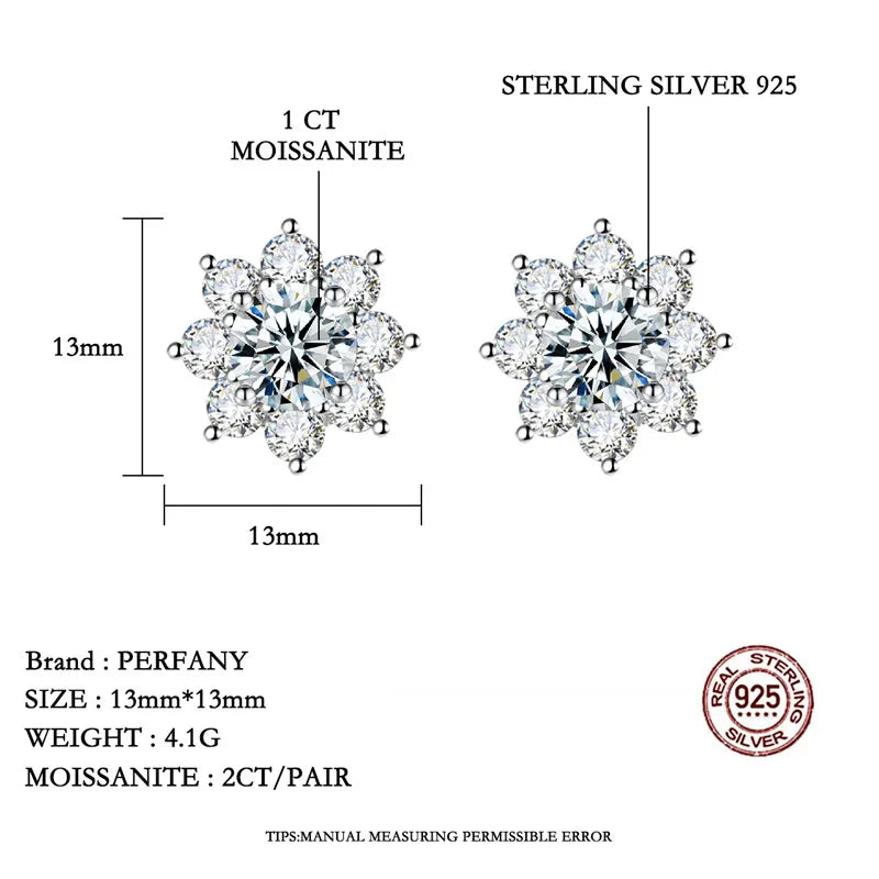 PERFANY 0.3-1CT Moissanite Earrings for Women S925 Pure Silver Snowflake Simulation Diamond Earrings Wedding High-end Jewelry