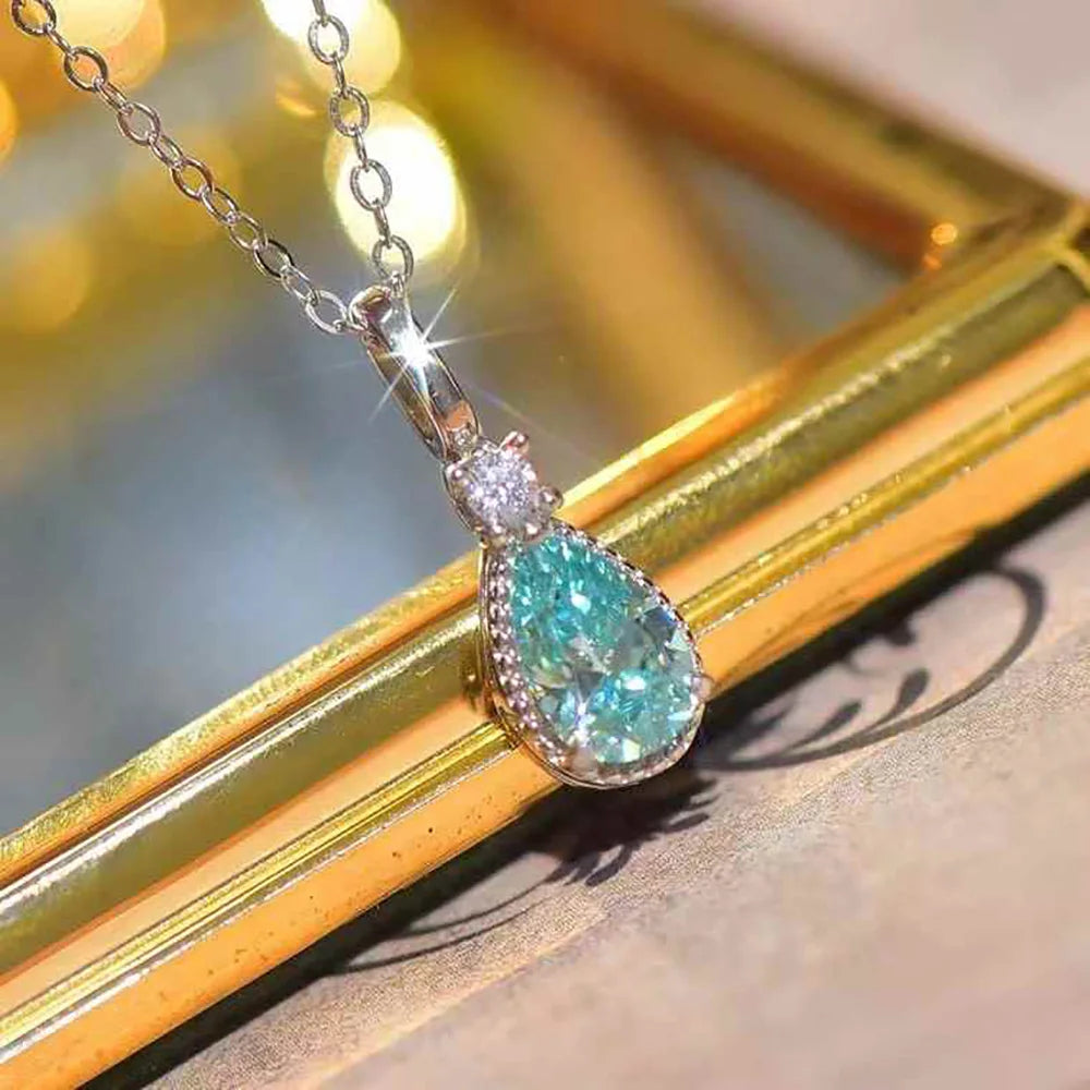 Serenity 1ct Pear Paraiba Blue Moissanite Pendant Necklace for Women 100% S925 Sterling Silver Neck Chain Plated 18K Jewelry GRA
