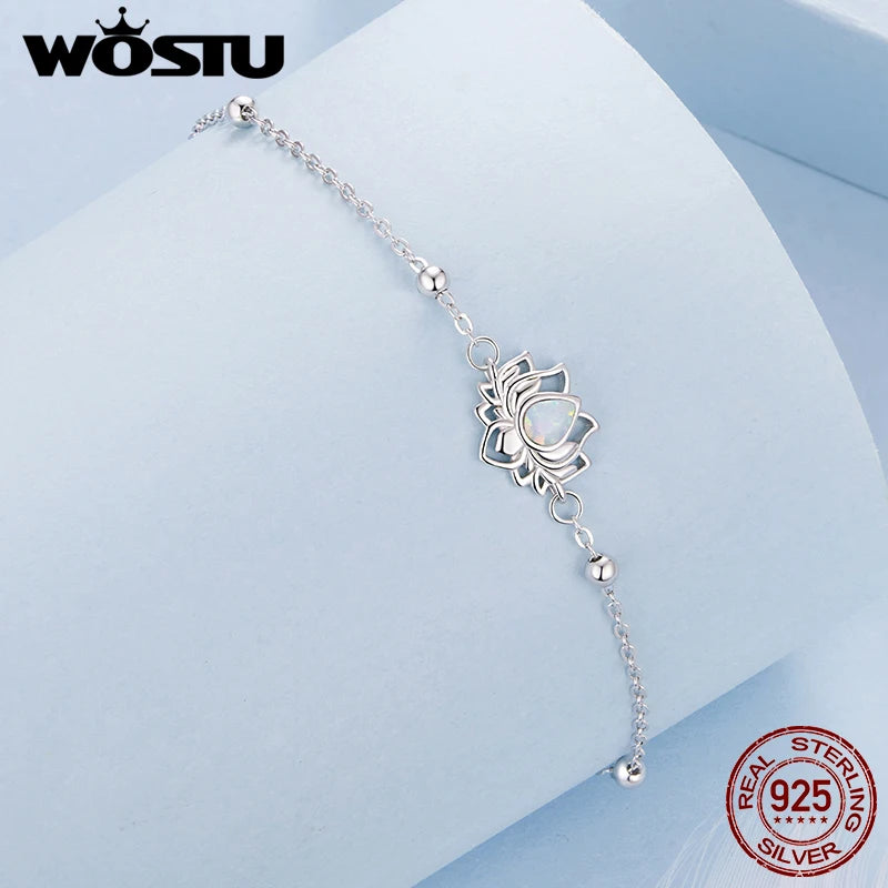 WOSTU 925 Sterling Silver Lotus Bead Chain Bracelet for Women, Adjustable White Opal Pendant Link Yoga Meditation Jewelry Gi
