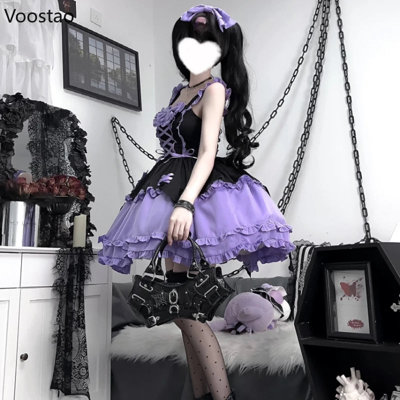 Japanese Gothic Lolita Jsk Dress Japanese Women Harajuku Y2k Halloween Little Witch Cosplay Ruffles Bow Princess Party Dresses