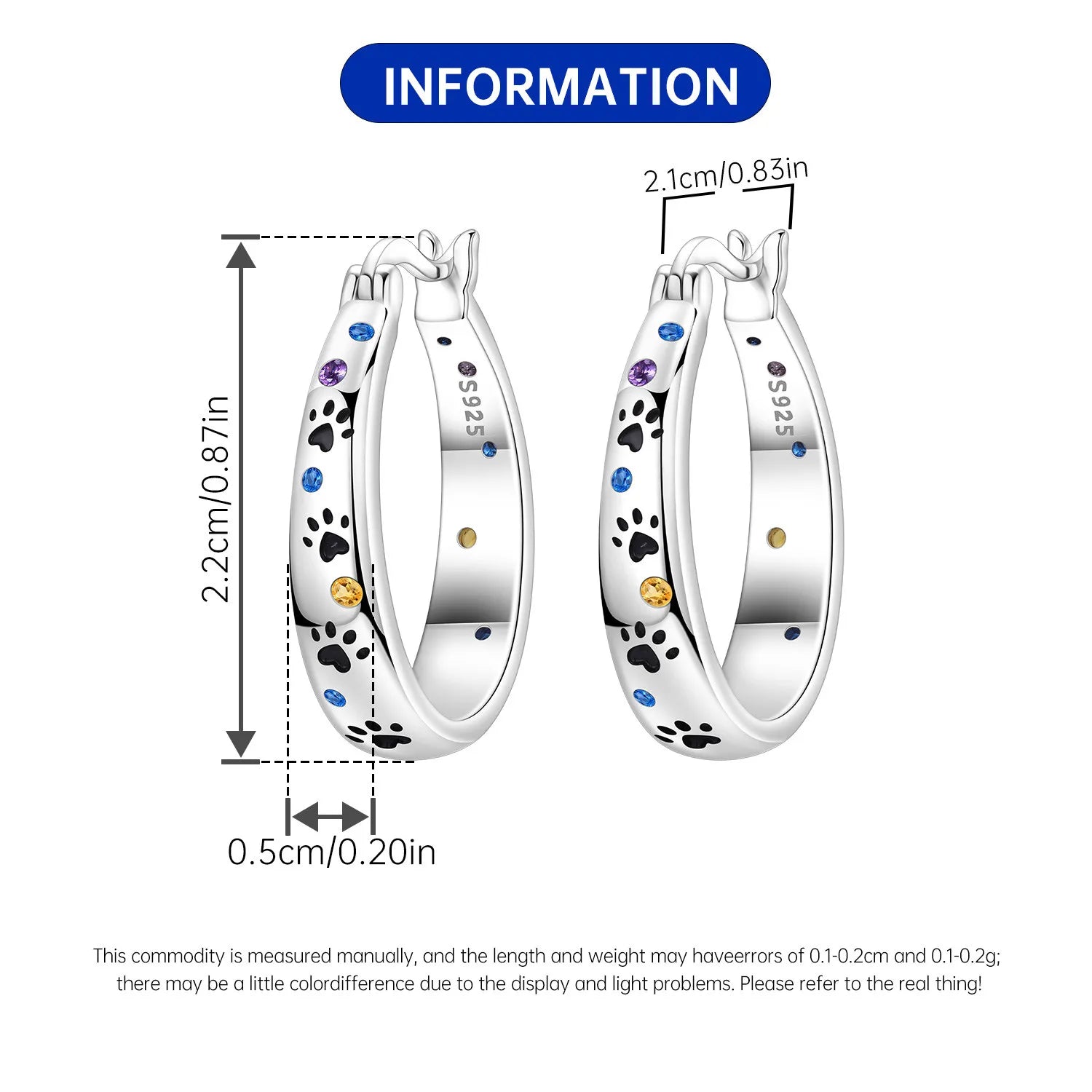 PANPOKI S925 Sterling Silver Colorful Animal Pet Paw Prints Earrings Versatile Hoop Earring For Women Jewelry Trendy Party Gift