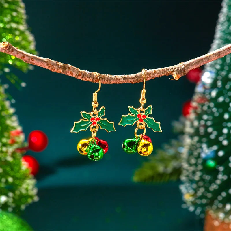 Christmas Red Green Bells Drop Earring For Women Elegant Bowknot Leaf Bell Long Tassel Chain Earrings Girls New Year Gift