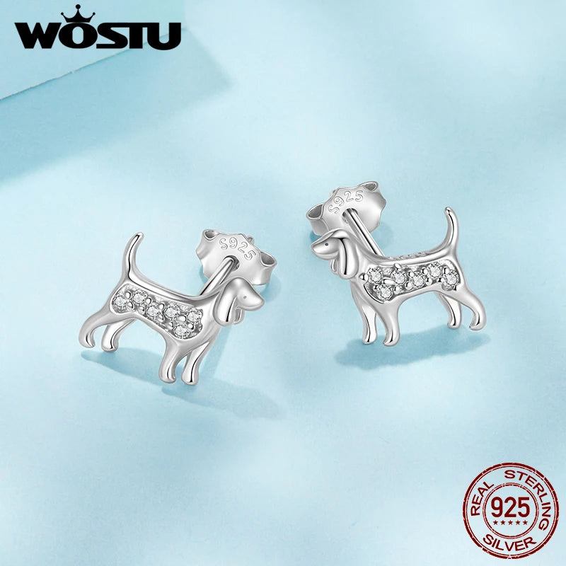 WOSTU 925 Sterling Silver Mini AAA Zircon Pet Cat Dog Stud Earrings For Women Lovely Poodle Dachshund Animal Studs Family Gift