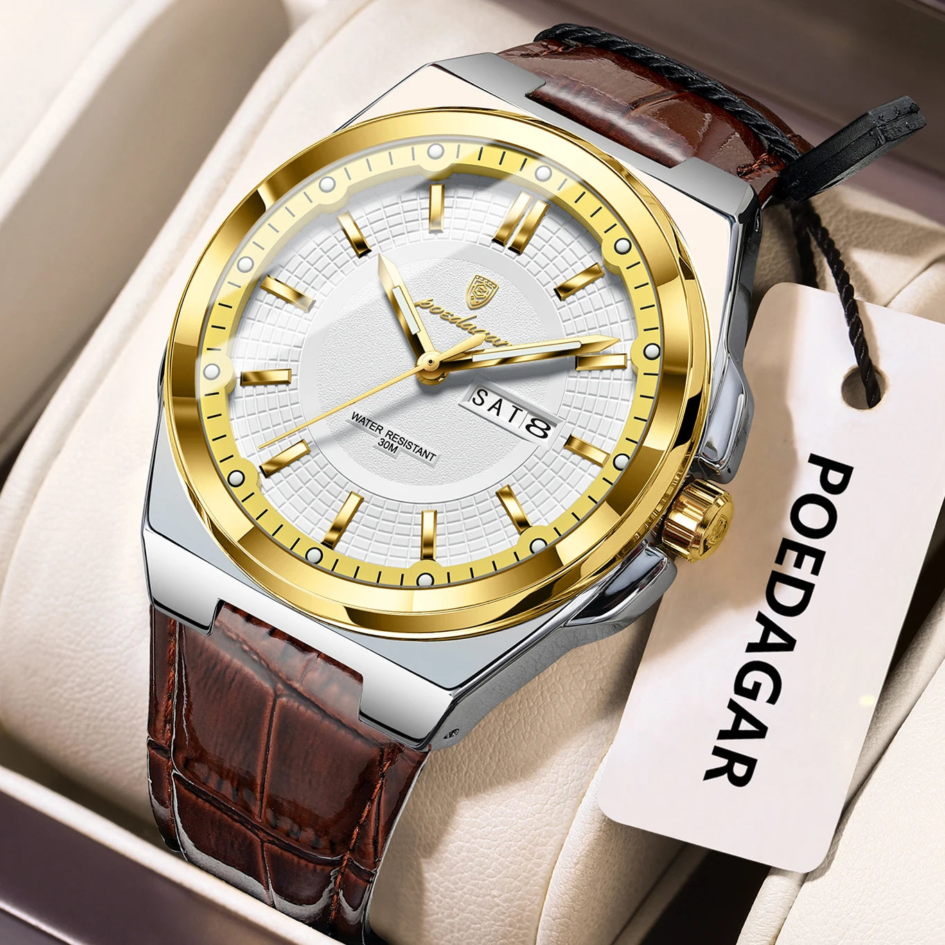 POEDAGAR Luxury Original Man Wristwatch Waterproof Luminous Date Week Quartz Men's Watches High Quality Casual Leather Men Watch