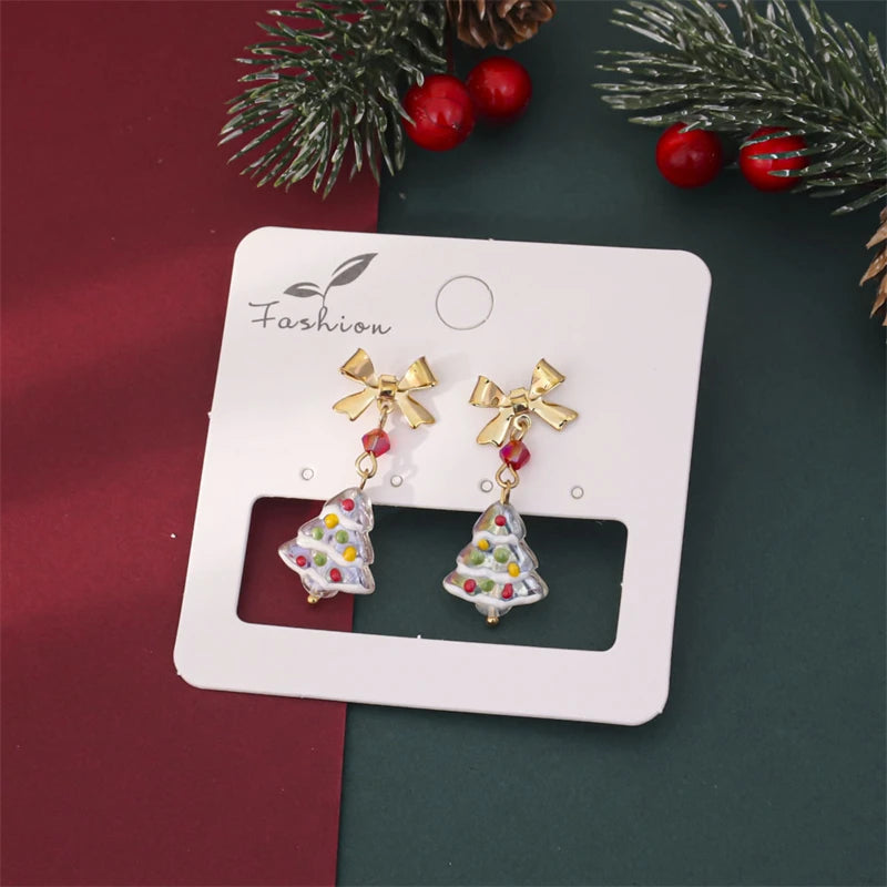 Light Luxury Colored Glass Christmas Tree Earrings For Women Unique Design Exquisite Bowknot Red Beads Earring New Year Jewelry