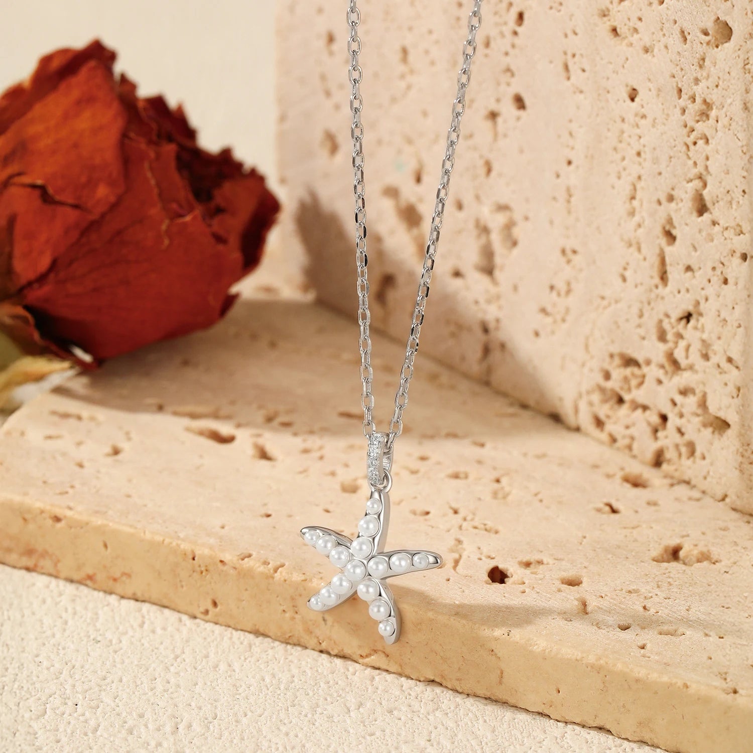 MODIAN 925 Sterling Silver Elegant Simulated Pearls Starfish Pendant Necklace Fashion Link Chian Necklaces For Women Jewelry